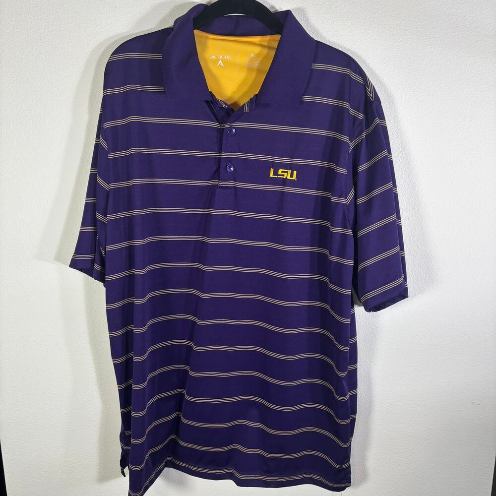LSU Tigers Antigua Mens XL Purple Gold Striped Performance Golf Polo Shirt